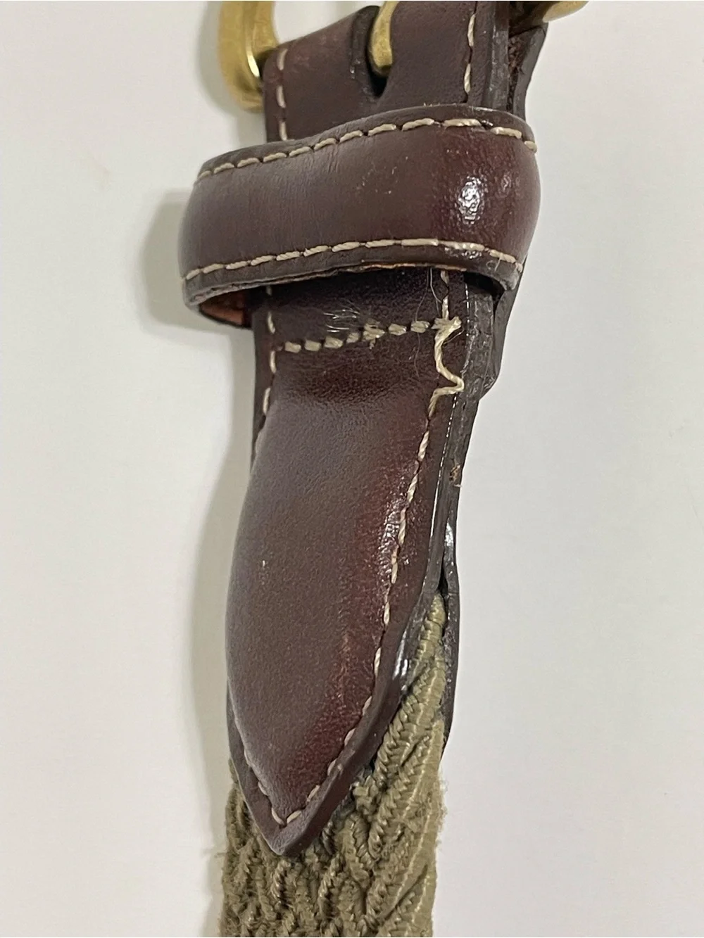 VTG Lands End Olive Green Stretch Belt Leather Trim Solid Brass Buckle Size 44